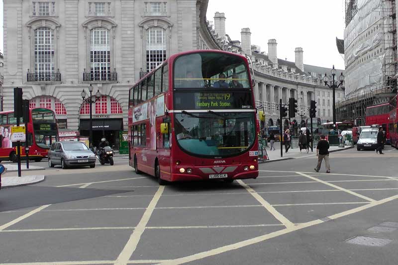 A photograph of a 19 bus approaching Shaftesbury Avenue.